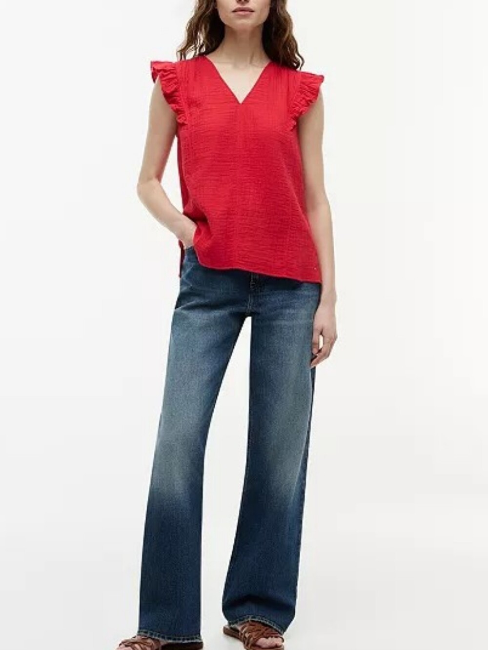 Tommy Hilfiger Flutter-Sleeve Red V-Neck Top Size Medium 100% Cotton